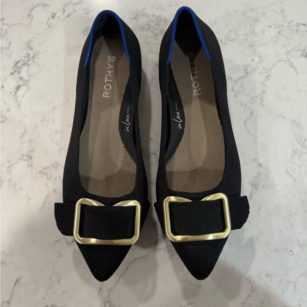 Rothy’s The Point Mary Jane Flats Black w/ Gold Buckle Size 8